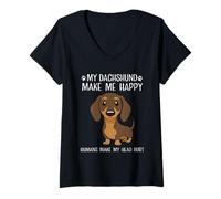 Women's My Dachshund Make Me Happy Humans Make My Head Hurt Funny V-Neck T-Shirt