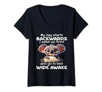 Womens My Day Starts Backwards I Wake Up Tired Go to Bed Wide Awake V-Neck T-Shirt