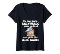 Womens My Day Starts Backwards I Wake Up Tired Go To Bed Wide Awake V-Neck T-Shirt