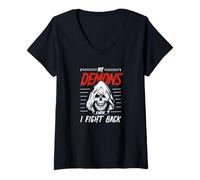 Womens My Demons Know I Fight Back PTSD Awareness V-Neck T-Shirt