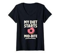 Womens My Diet Starts Mid-Bite Funny Donut Quote V-Neck T-Shirt