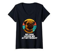 Womens My Dog Loves Me At My Worst Pug Retro Puppy Lover Pup Owner V-Neck T-Shirt