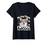 Womens My Dog Thinks I’m Cool Funny Corgi Dog Lover V-Neck T-Shirt