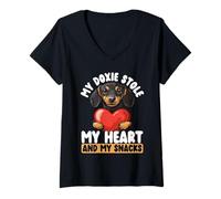 Womens My Doxie Stole My Heart and My Snacks Funny Dog V-Neck T-Shirt