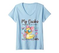 Women's My Ducks May Not Be in A Row Cute Duck in Funny Duck Summer V-Neck T-Shirt
