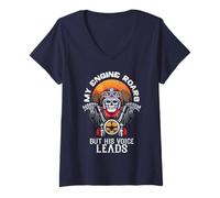 Womens My Engine Roars But His Voice Leads Motorcycle Faith Bikers V-Neck T-Shirt
