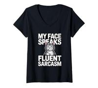 Women's My Face Speaks Fluent Sarcasm Cat Humor V-Neck T-Shirt