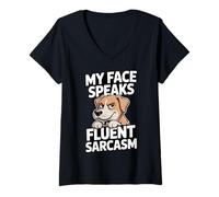 Women's My Face Speaks Fluent Sarcasm Dog Humor V-Neck T-Shirt