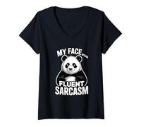 Women's My Face Speaks Fluent Sarcasm Panda Humor V-Neck T-Shirt