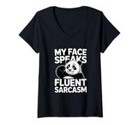Women's My Face Speaks Fluent Sarcasm Panda Humor V-Neck T-Shirt
