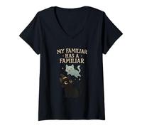 Women's My Familiar Has A Familiar Witch Cat V-Neck T-Shirt