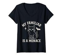Womens My Familiar Menace Witchy Cat Design Cute Gothic Halloween V-Neck T-Shirt