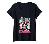 Women's My Favorite Bunnies Call Me Bartender Easter Hunting Eggs V-Neck T-Shirt