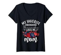 Womens My Favorite Firefighter Paramedic Calls Me Mom Mama Mommy V-Neck T-Shirt