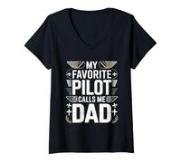 Women's My Favorite Pilot Calls Me Dad Proud Pilot Fathers Day V-Neck T-Shirt