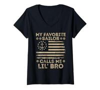Womens My Favorite Sailor Calls Me Lil Bro Sailor Brother US Flag V-Neck T-Shirt
