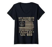 Womens My Favorite Sailor Calls Me Lil Sis Sailor Sister US Flag V-Neck T-Shirt