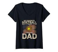 Womens My Favorite Softball Player Calls Me Dad Father's Day Daddy V-Neck T-Shirt