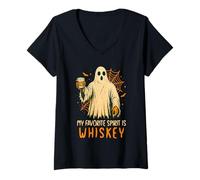 Womens My Favorite Spirit is Whiskey Funny Halloween Ghost Drinking V-Neck T-Shirt