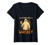 Womens My Favorite Spirit is Whiskey Funny Halloween Ghost Drinking V-Neck T-Shirt