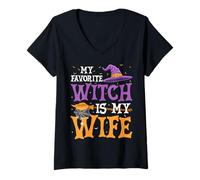 Womens My Favorite Witch is My Wife Funny Husband Halloween V-Neck T-Shirt