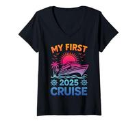 Womens My First Cruise 2025 Family Matching Cruise Vacation Party V-Neck T-Shirt
