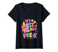Women's My First Day of Pre Kindergarten Coquette Bow V-Neck T-Shirt