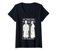 Womens My First Pope Joke Action Figure Funny Holy Father Church V-Neck T-Shirt