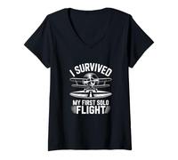 Womens My First Solo Flight Student Pilot Aviation Training V-Neck T-Shirt