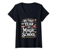 Womens My First Year at Magic School 1st Grade Wizard Boys Girls V-Neck T-Shirt