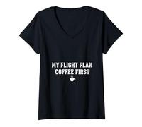 Women's My Flight Plan Coffee First Funny Pilot Gift V-Neck T-Shirt