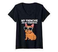 Womens My Frenchie ate my homework - School French Bulldog V-Neck T-Shirt