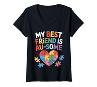 Women's My Friend is Ausome Autism Puzzle Heart Awareness Acceptance V-Neck T-Shirt