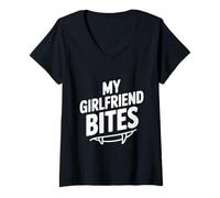 Women's My Girlfriend Bites Funny Vampire Lover V-Neck T-Shirt