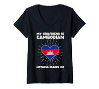 Women's My Girlfriend is Cambodian Nothing Scares Me Cambodia Heart V-Neck T-Shirt