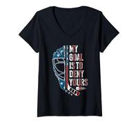 Womens My Goal is to Deny Yours Funny Ice Hockey Goalie USA Flag V-Neck T-Shirt