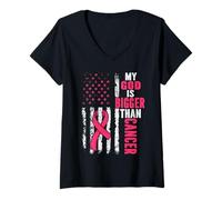 Womens My God is Bigger Than Cancer Breast Cute Pink Ribbon Jesus V-Neck T-Shirt