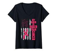 Womens My God is Bigger Than Cancer Breast Cute Pink Ribbon Jesus V-Neck T-Shirt