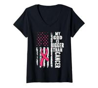 Womens My God is Bigger Than Cancer Breast Cute Pink Ribbon Jesus V-Neck T-Shirt