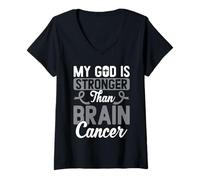 Women's My God is Stronger Than Brain Cancer Awareness Warrior V-Neck T-Shirt