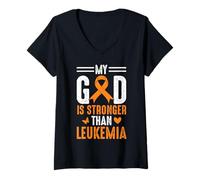 Womens My God Is Stronger Than Leukemia Awareness Orange Ribbon V-Neck T-Shirt