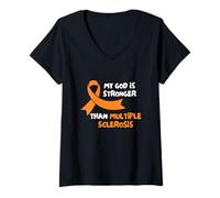 Women's My God is Stronger Than Multiple Sclerosis V-Neck T-Shirt