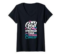 Womens My God is Stronger Than Thyroid Cancer Awareness V-Neck T-Shirt