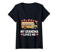Womens My Grandma Loves Me Boys Girls Kids Grandson School Bus V-Neck T-Shirt