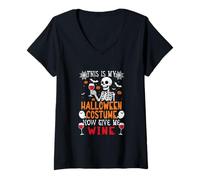 Womens My Halloween Costume Now Give Me Wine Funny Skeleton Drinker V-Neck T-Shirt