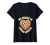 Womens My Heart is Extra Cheesy Funny Heart Shaped Pizza Saying V-Neck T-Shirt