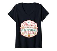Women's My Heart is On That Flag Football Field Mother Mom Mama Mum V-Neck T-Shirt