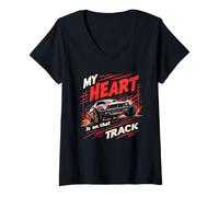 Womens My Heart Is On That Track Drag Racing Race Car Driver V-Neck T-Shirt
