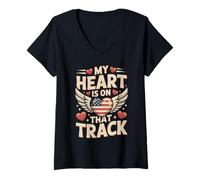 Womens My Heart is On That Track Vintage Racing V-Neck T-Shirt