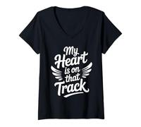 Womens My Heart is On That Track Vintage Racing V-Neck T-Shirt